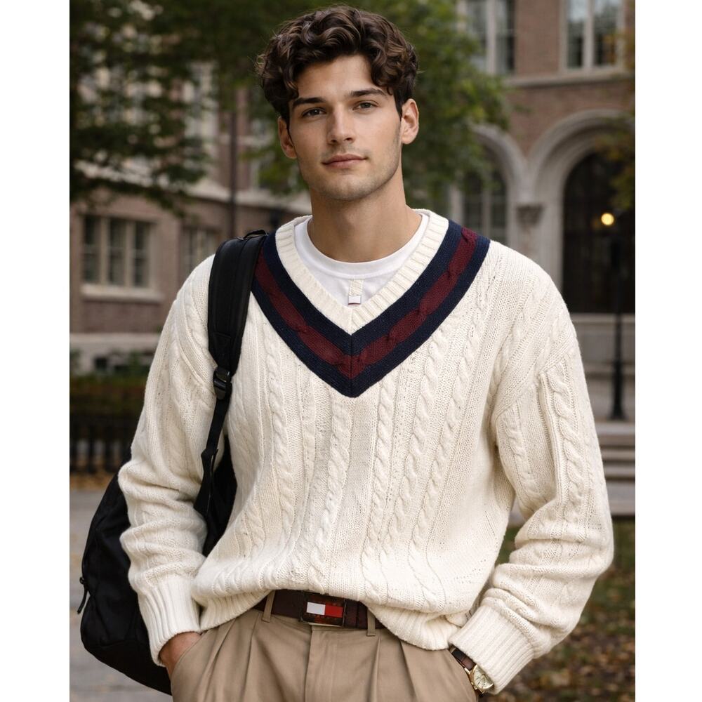 Vintage 90s Tommy Hilfiger Varsity Academia Cable Knit Sweater 100% Cotton Large